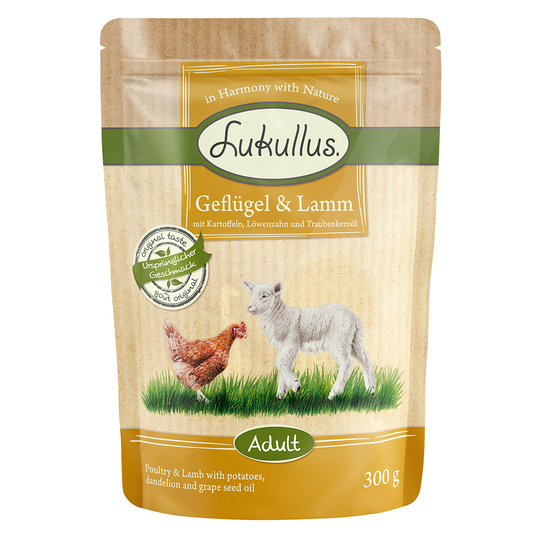 Lukullus Pouches -tuorepussit: säästöpakkaus 24 x 300 g - siipikarja & lammas