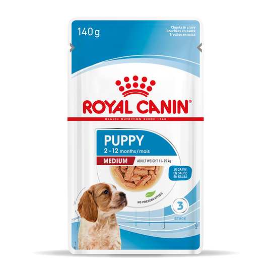 10 x 140 g / 12 x 85 g kaupan päälle! 40 x 140 g / 48 x 85 g Royal Canin Size kastikkeessa - Medium Puppy (40 x 140 g)