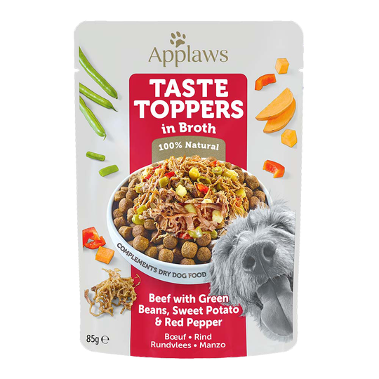 Applaws Taste Toppers Pouch liemessä 12 x 85 g - nauta, vihreät pavut, bataatti & punainen paprika