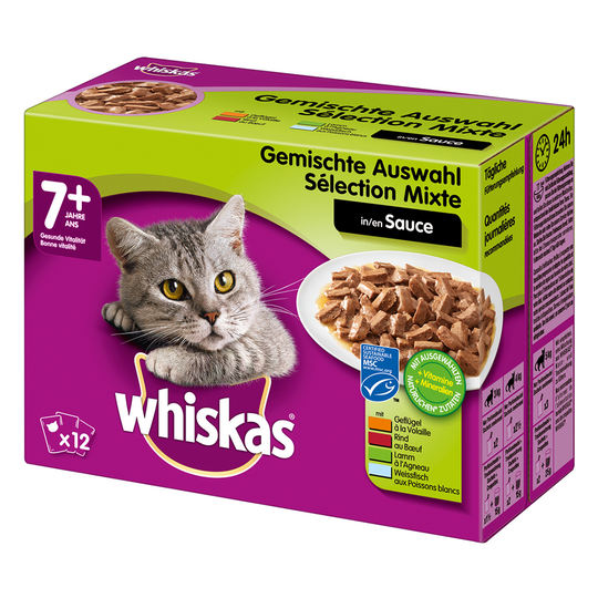 10 + 2 kaupan päälle! 12 x 100 g Whiskas pouches - 7+ kala- ja lihavalikoima kastikkeessa