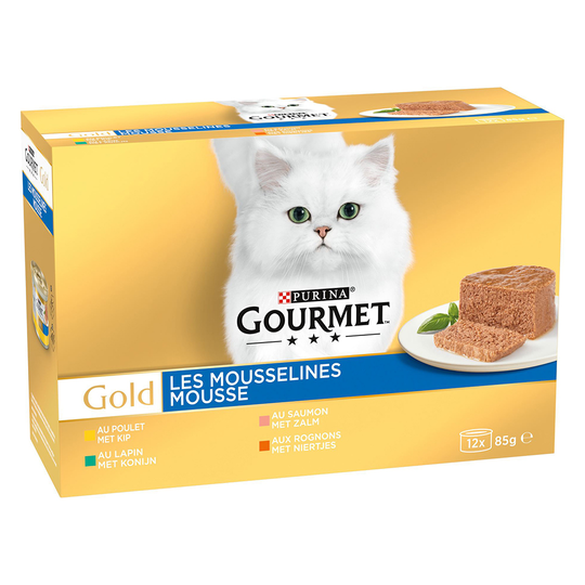 24 + 12 kaupan päälle! 36 x 85 g Gourmet Gold -kissanruokaa - Fine Paté - liha- & kalalajitelma (kani, kana, lohi, munuainen)