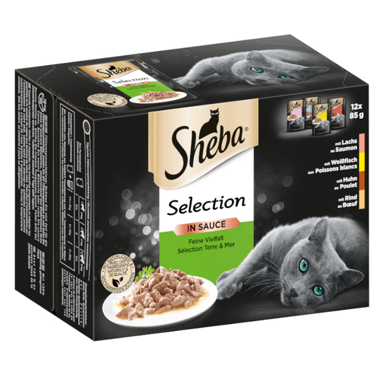 Sheba Pouches -säästöpakkaus 24 x 85 g - Selection in Sauce, valikoidut reseptit