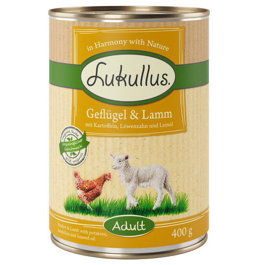 Lukullus-säästöpakkaus 24 x 400 g - siipikarja ja lammas (viljaton)