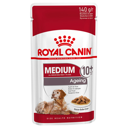 10 x 140 g / 12 x 85 g kaupan päälle! 40 x 140 g / 48 x 85 g Royal Canin Size kastikkeessa - Medium Ageing 10+ (40 x 140 g)