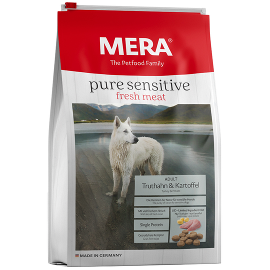 12,5 kg MERA pure sensitive -koiranruoka erikoishintaan! - fresh meat Turkey & Potato, viljaton