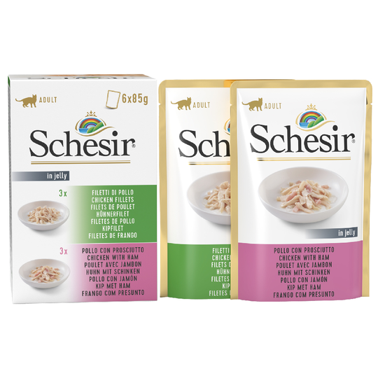 Schesir Jelly Pouch 24 x 85 g - mix: kanafile + kana ja kinkku